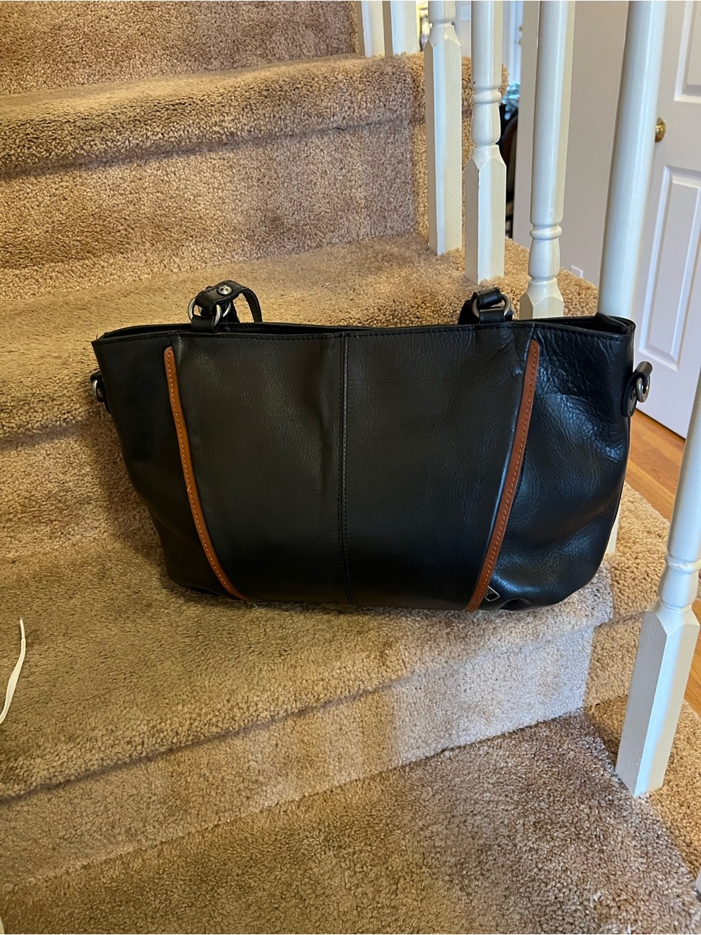 Patricia Nash Black Leather Shoulder Bag with Brown Trim